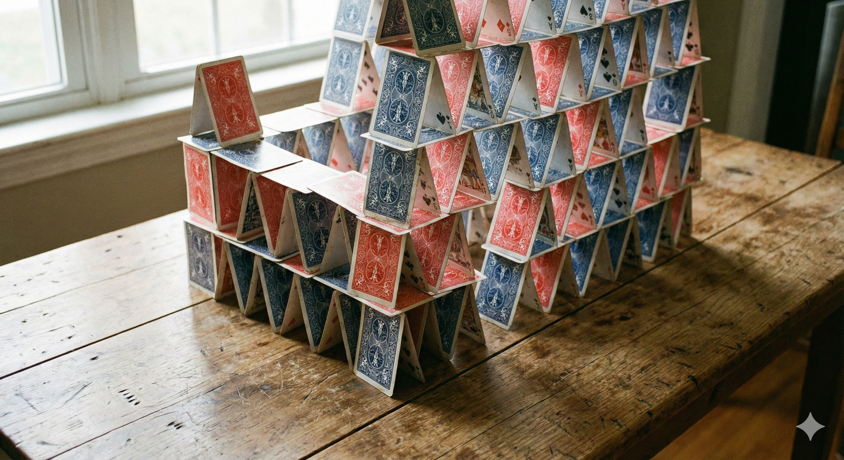 Ein komplexes Kartenhaus auf einem Holztisch, stabil aber fragil.