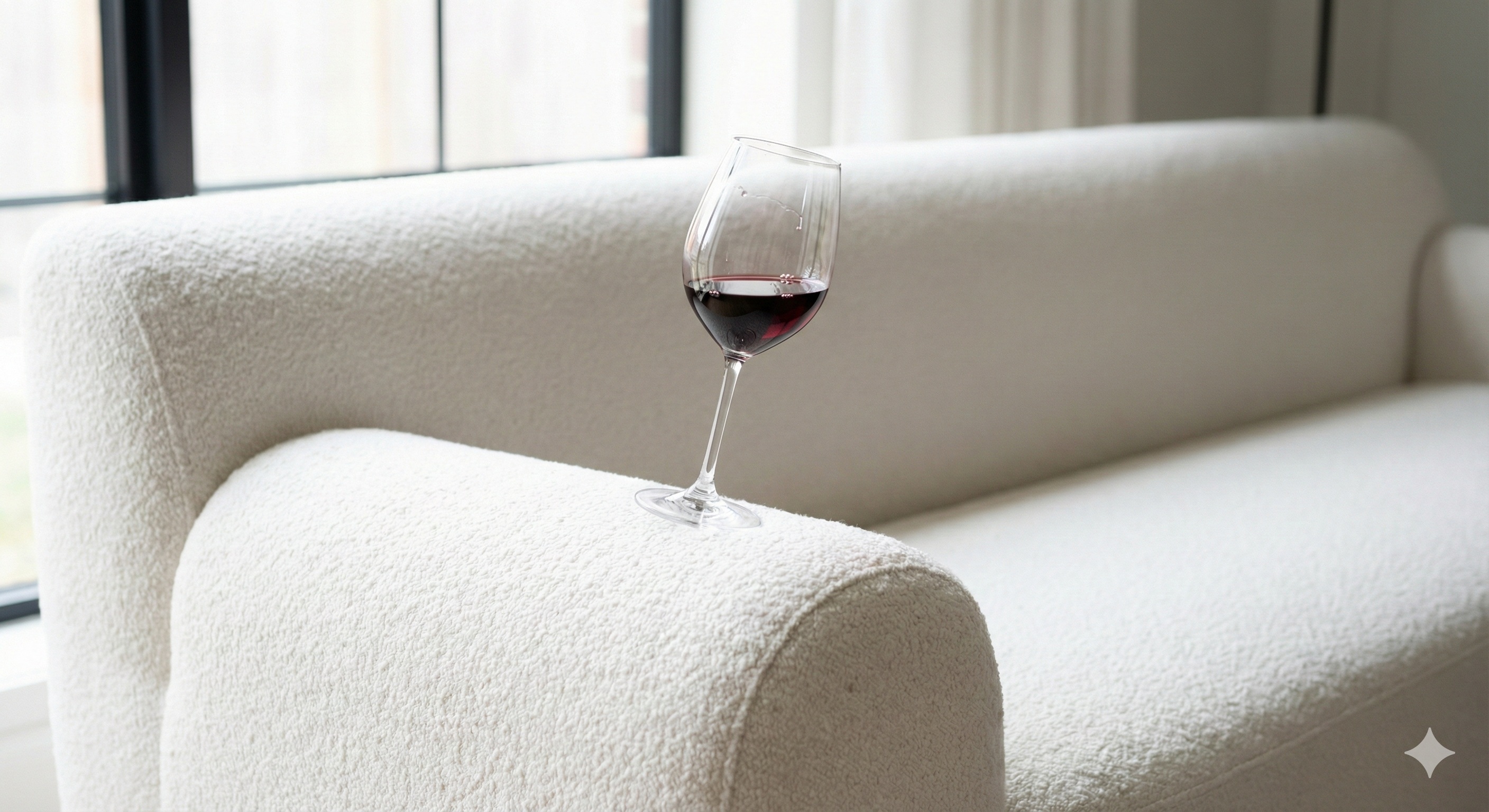 Ein volles Rotweinglas balanciert auf einer weißen Sofalehne.
